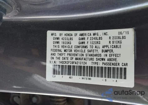 2015 Honda Accord Lx из США, поврежденный, VIN 1HGCR2F38FA210124